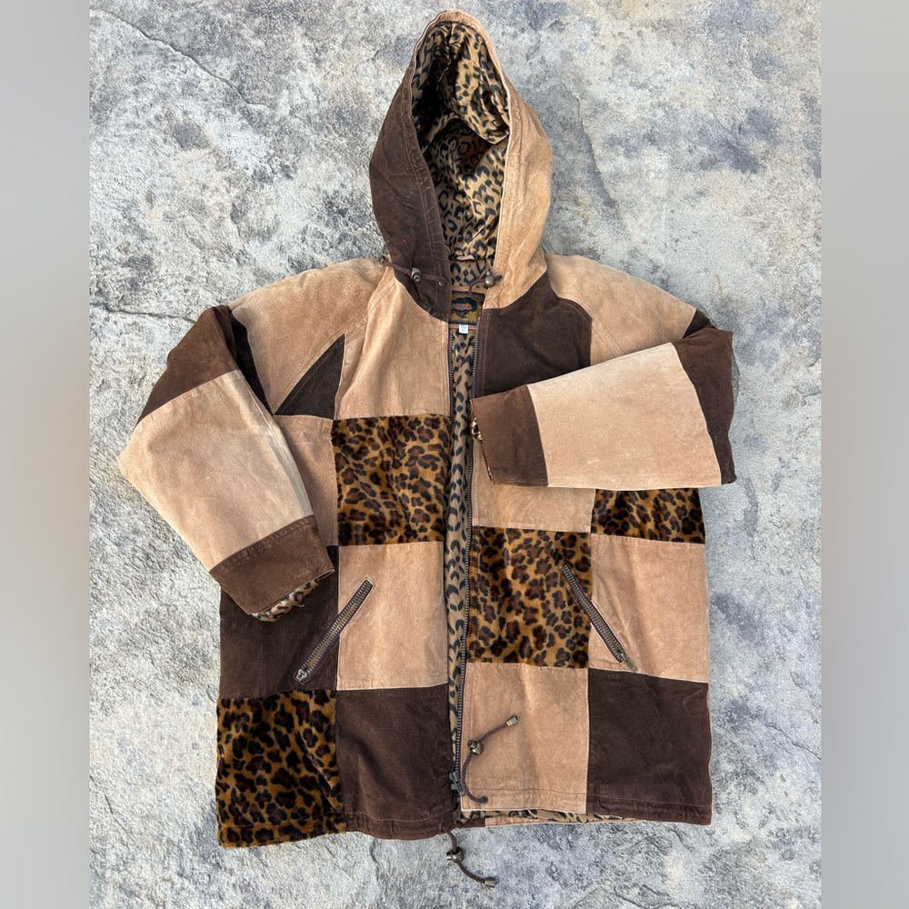 VINTAGE Fox Run Brown Tan Leopard Patchwork Suede Jacket Size Large Fits Like XL